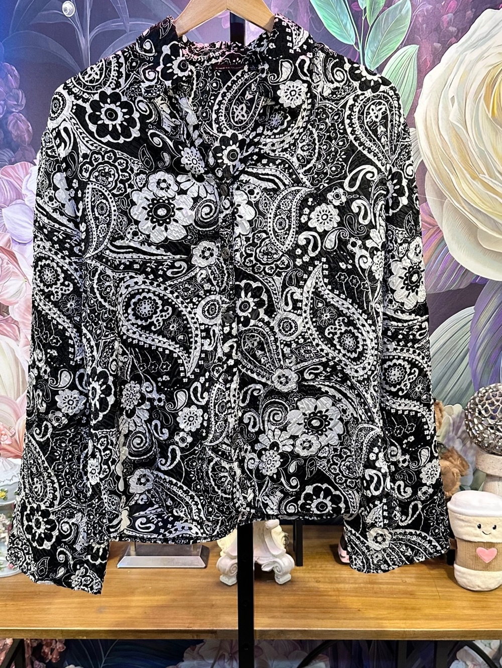 Jennifer Lloyd L Paisley Floral Blouse Black White Boho Western Artsy Button Up